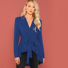 Shein Self Belted Dip Hem Surplice Wrap Dip Hem Top