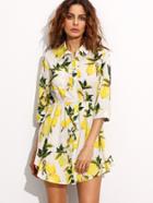 Shein White Lemon Print Elastic Waist Shirt Dress