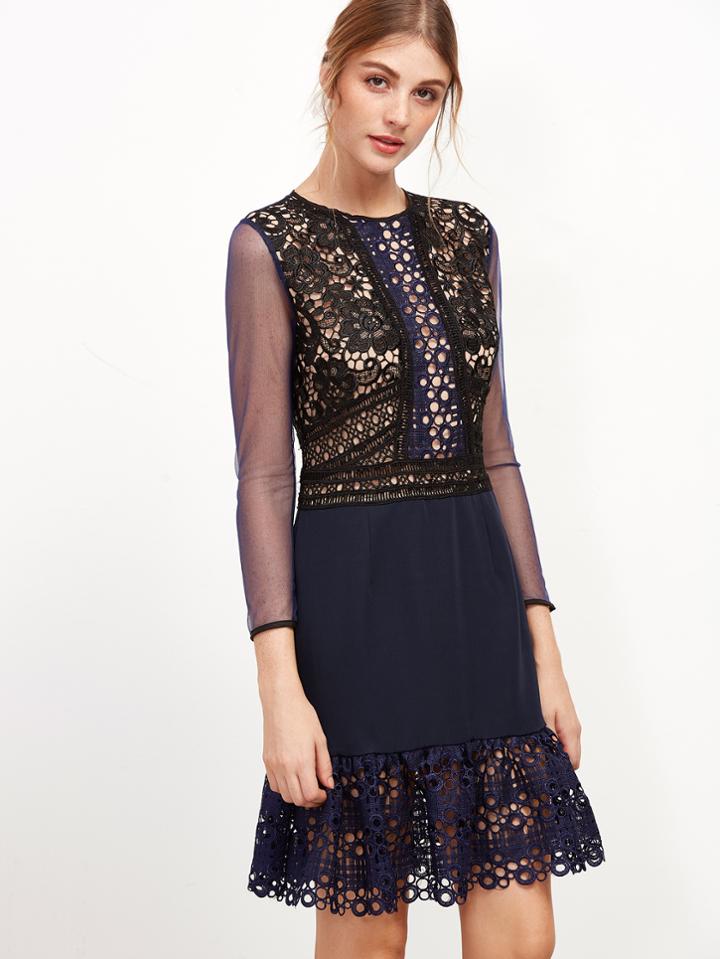 Shein Contrast Mesh Crochet Trim Hollow Out Zipper Dress