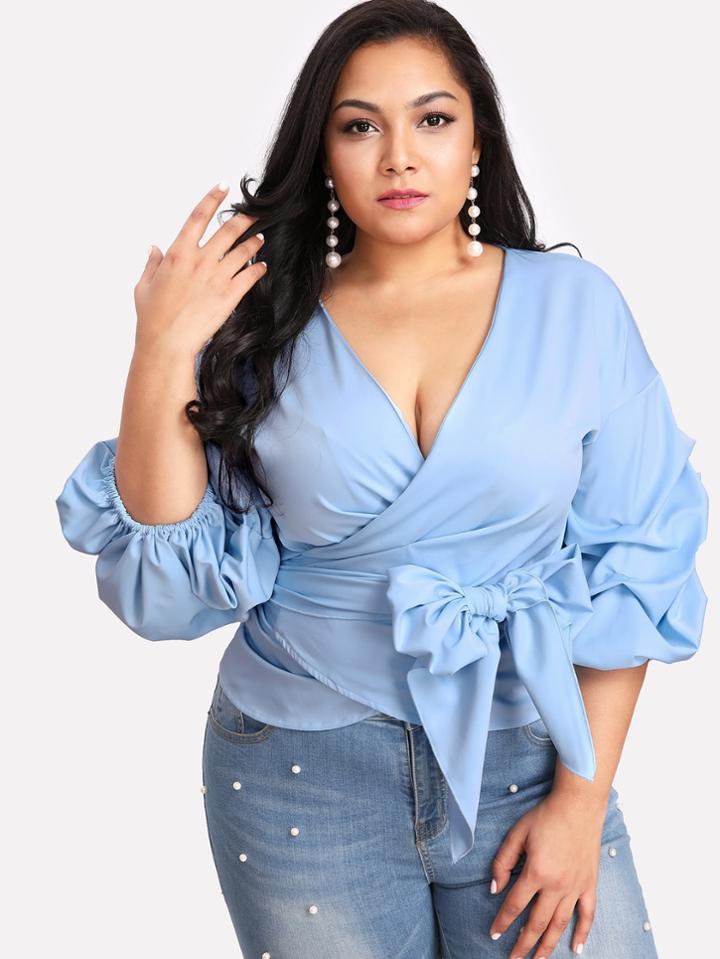 Shein Gathered Sleeve Self Tie Wrap Top