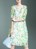 Shein Green Pleated Shift Floral Dress