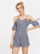 Shein Cold Shoulder Ruffle Trim Checkered Playsuit