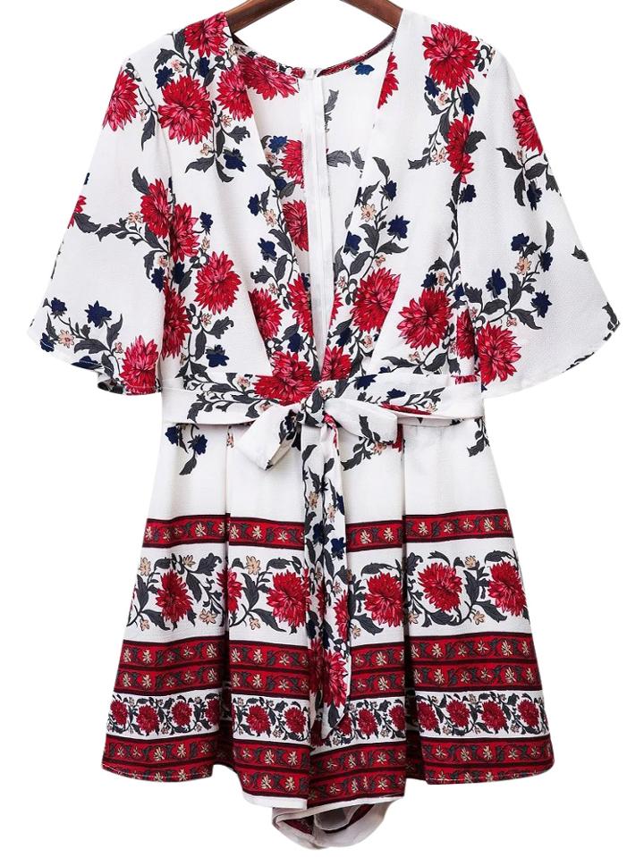 Shein Multicolor Deep V Neck Zipper Back Tie-waist Bow Print Romper