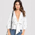 Shein Pearl Beading Knot Front Ruffle Top