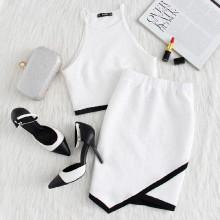Shein Contrast Binding Hem Textured Top And Overlap Skirt Set