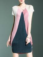 Shein Pink Color Block V Neck Pleated Elastic Dress