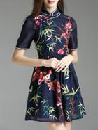 Shein Navy Collar Embroidered A-line Dress