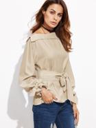 Shein Khaki Foldover Boat Neck Belted Waist And Cuff Blouse