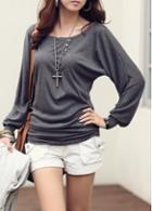 Rosewe Charming Lantern Sleeve Round Neck Grey T Shirt