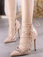 Shein Nude Point Toe Cut-work Lace Up Pumps