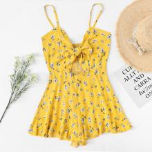 Shein Cut Out Knot Front Floral Cami Romper
