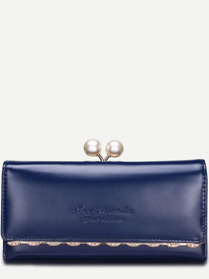 Shein Navy Embossed Letter Pearl Rhinestone Detail Clutch Bag