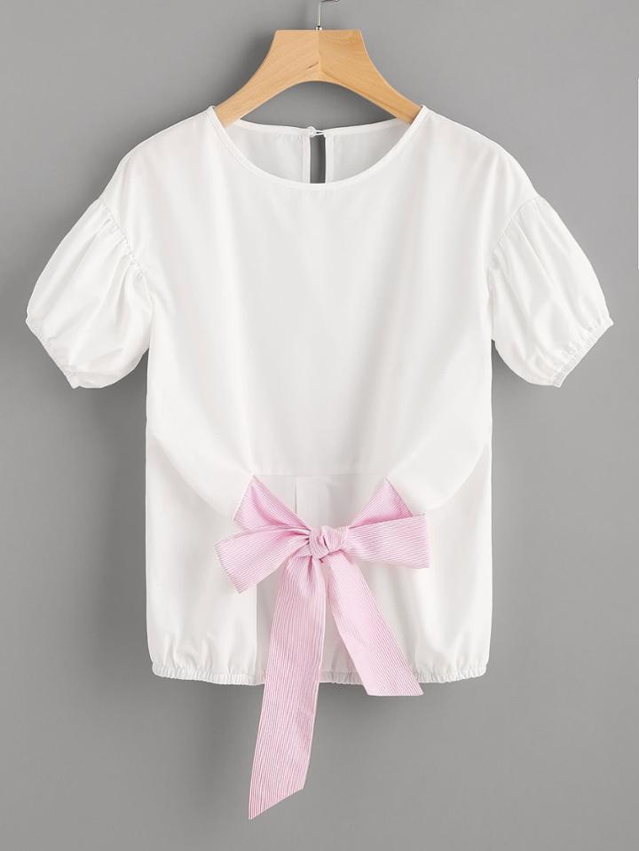 Shein Drop Shoulder Puff Sleeve Striped Belt Front Top