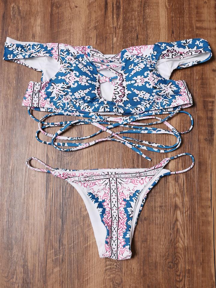 Shein Tribal Print Off The Shoulder Criss Cross Bikini Set