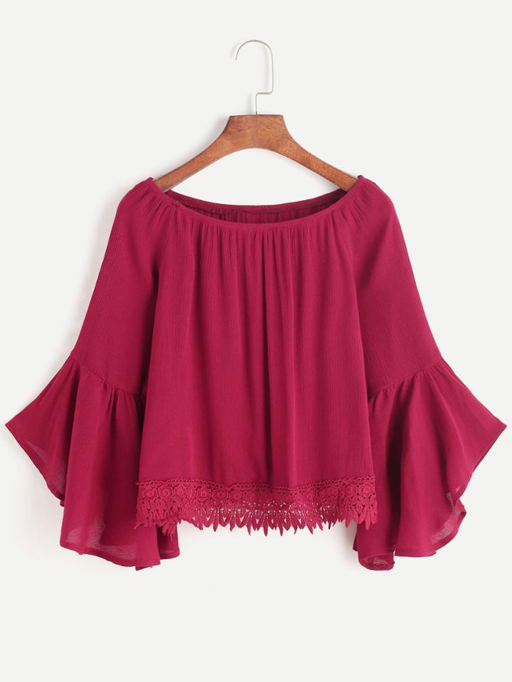 Shein Burgundy Boat Neck Bell Sleeve Contrast Crochet Hem Top