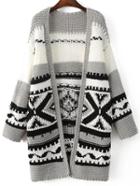 Shein Grey Tribal Pattern Drop Shoulder Long Sweater Coat