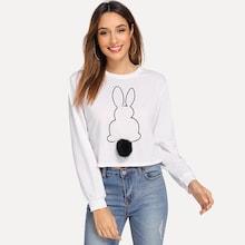 Shein Rabbit Print Faux Fur Pompom Detail Sweatshirt