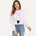 Shein Rabbit Print Faux Fur Pompom Detail Sweatshirt