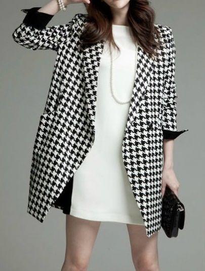 Shein Black White Long Sleeve Houndstooth Coat