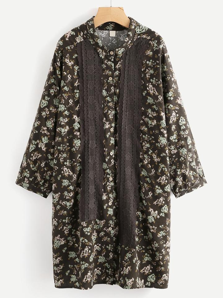 Shein Lace Crochet Detail Calico Print Dress