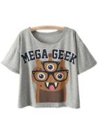 Shein Light Grey Scoop Neck Letter Cartoon Print T-shirt