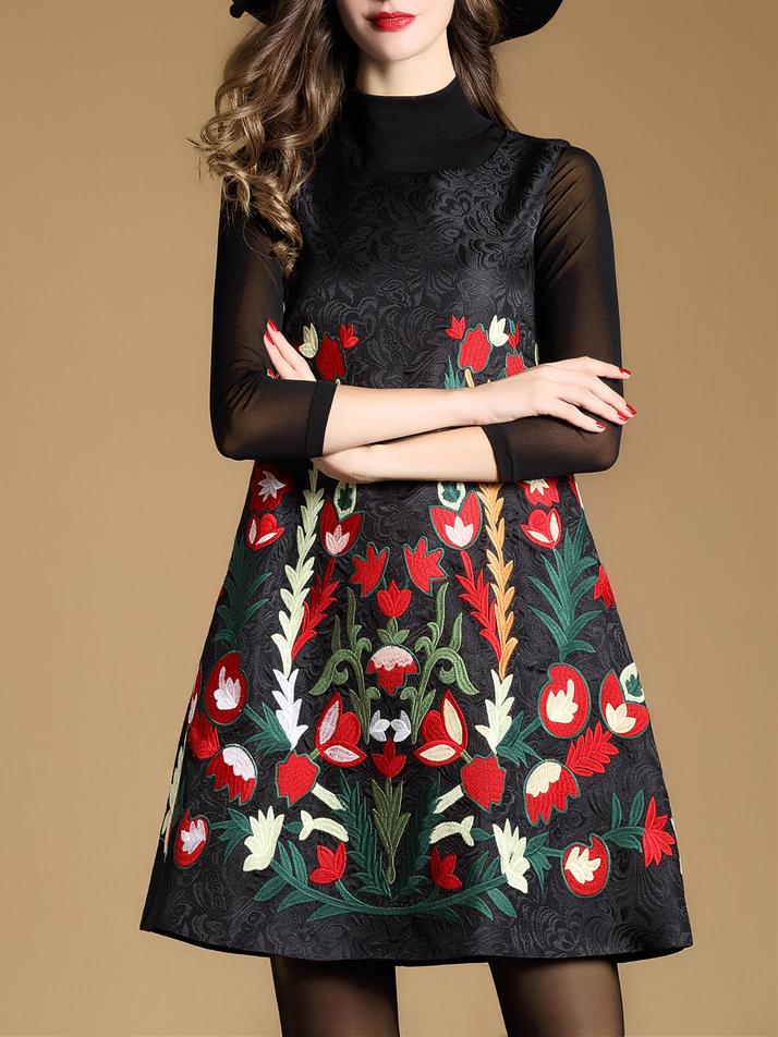 Shein Black Sleeveless Embroidered Jacquard Dress