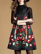 Shein Black Sleeveless Embroidered Jacquard Dress