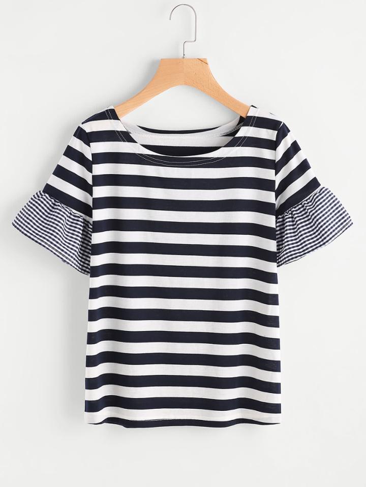 Shein Contrast Gingham Sleeve Striped Tee