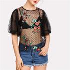 Shein Floral Embroidered Lantern Sleeve Sheer Top