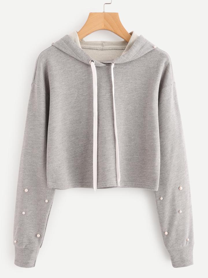Shein Drop Shoulder Faux Pearl Embellished Crop Hoodie