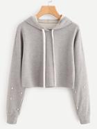 Shein Drop Shoulder Faux Pearl Embellished Crop Hoodie