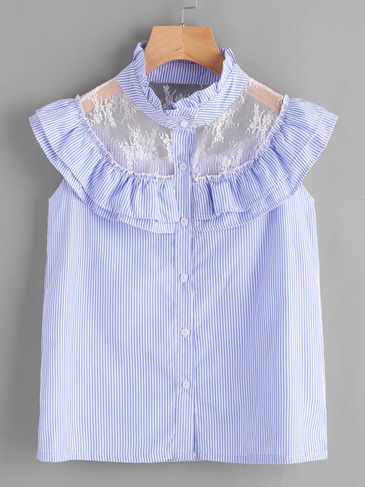 Shein Vertical Pinstripe Contrast Lace Tiered Frill Trim Top