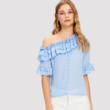 Shein Ruffle Trim Asymmetrical Shoulder Blouse