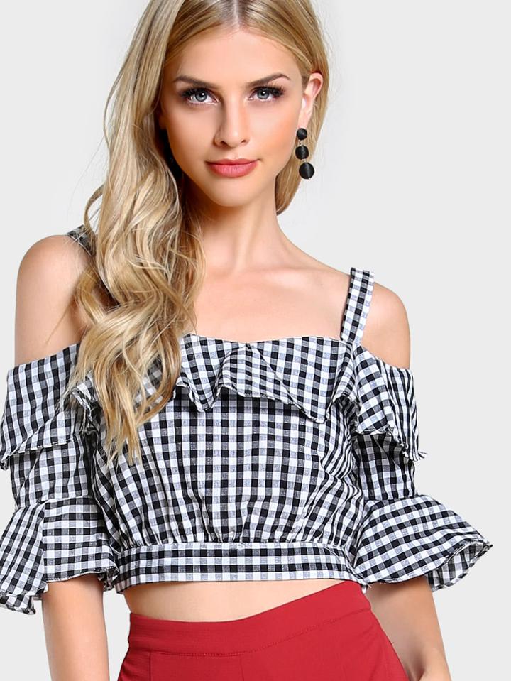 Shein Flounce Trim Trumpet Sleeve Checkered Top
