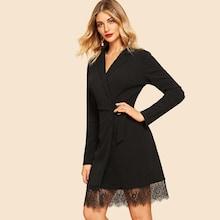 Shein 80s Notched Collar Lace Hem D-ring Belted Dress