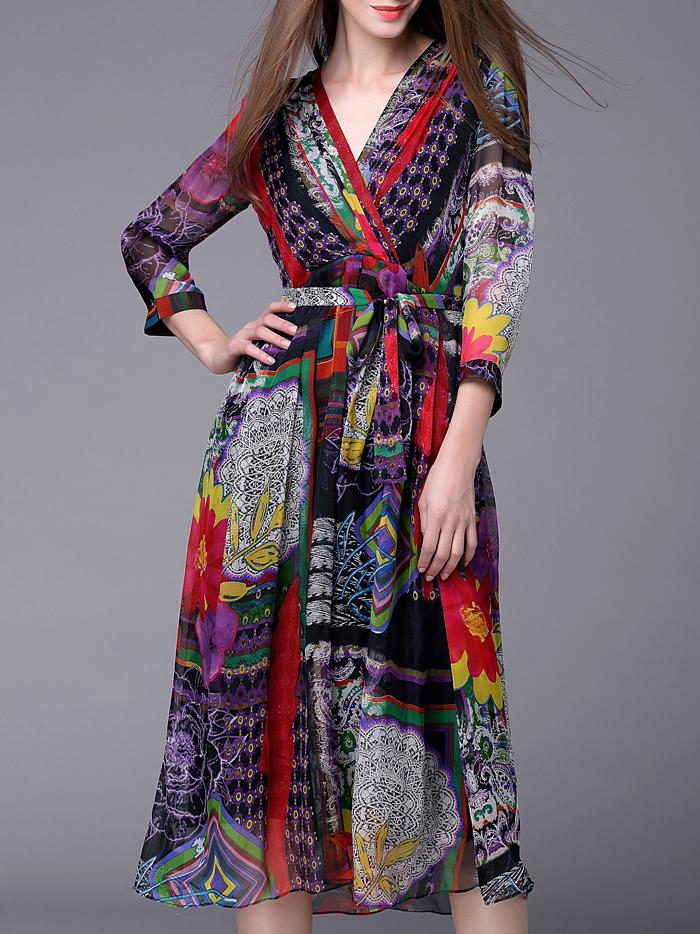 Shein Multicolor V Neck Tie-waist Print Dress