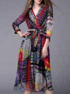 Shein Multicolor V Neck Tie-waist Print Dress