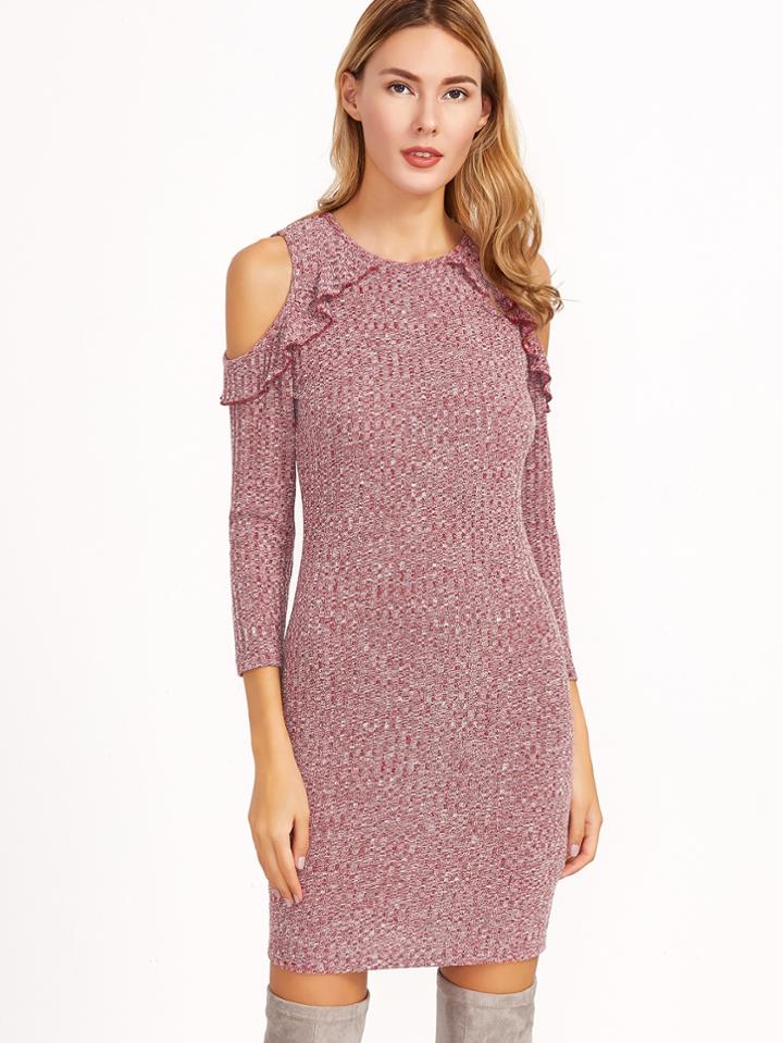 Shein Burgundy Marled Knit Open Shoulder Ruffle Trim Dress