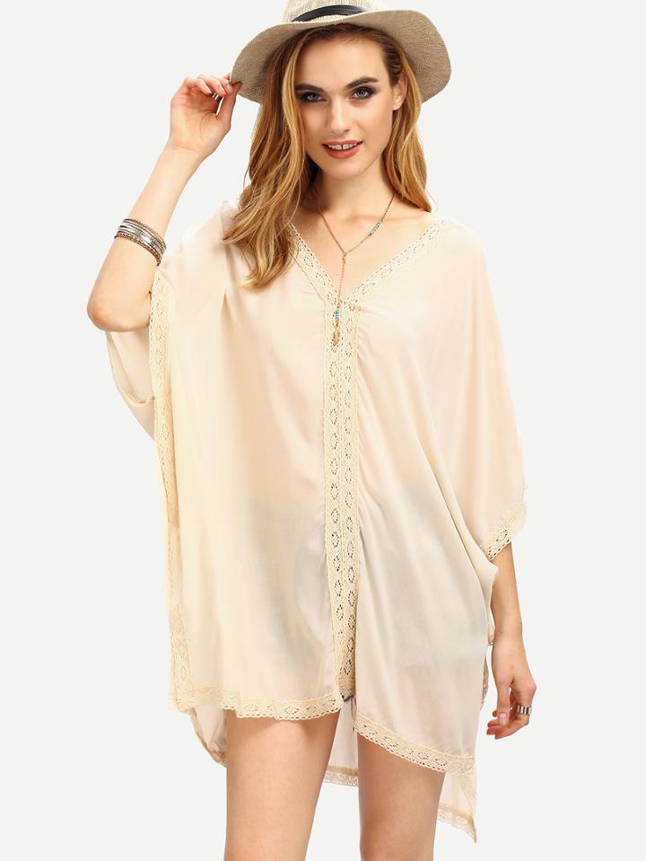 Shein Apricot Deep V-neck Lace Insert Loose Dress