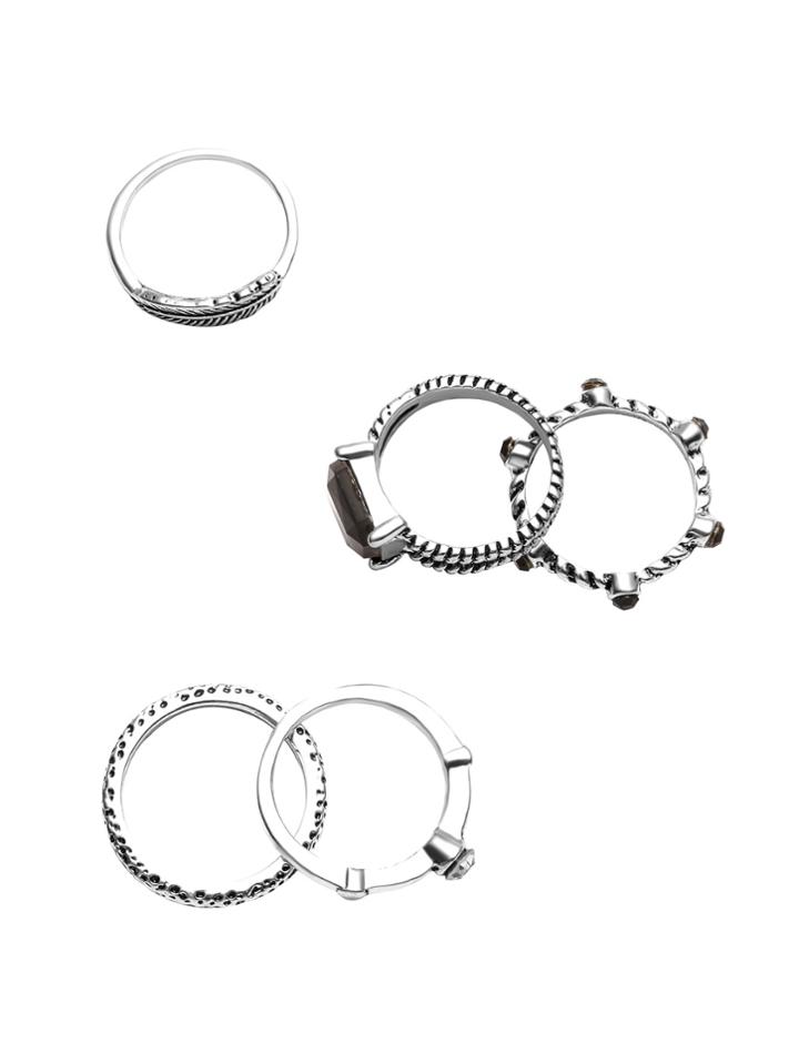 Shein 5pcs Antique Silver Rhinestone Ring Set