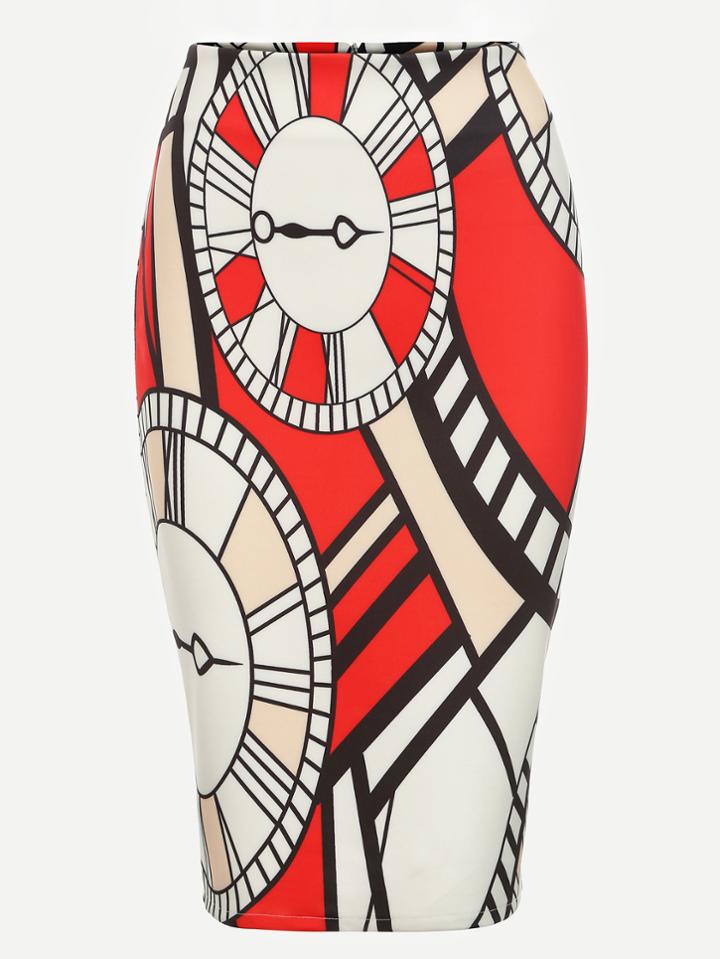 Shein Multicolor Clock Print Pencil Skirt
