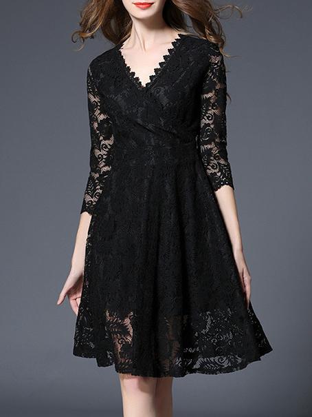 Shein Black V Neck Sheer Lace Dress
