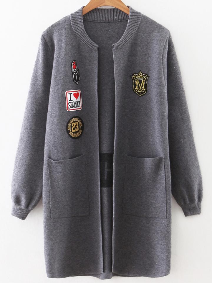 Shein Grey Patch Long Cardigan With Pockets