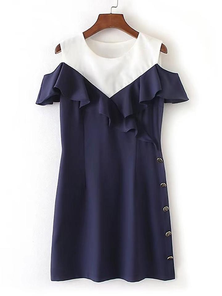 Shein Contrast Open Shoulder Frill Trim Dress
