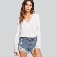 Shein Eyelet Embroidered Neck And Cuff Top