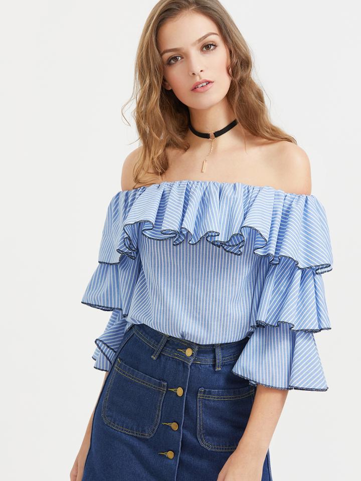 Shein Blue Vertical Striped Ruffle Tiered Top