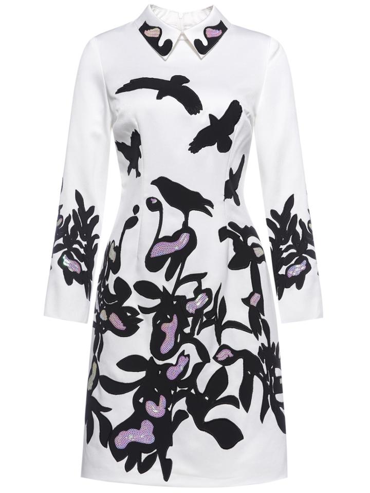 Shein White Lapel Sequined Applique Pouf Sheath Dress