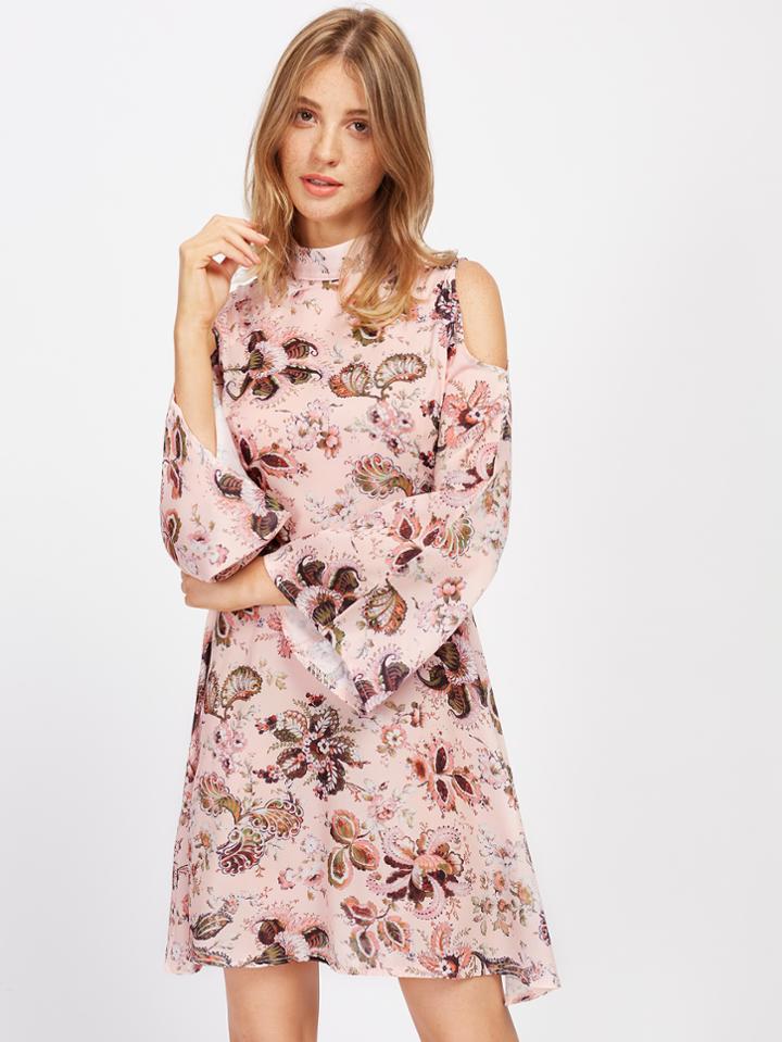 Shein Open Shoulder Bell Sleeve Floral Dress