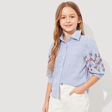 Shein Girls Flower Embroidered Striped Shirt