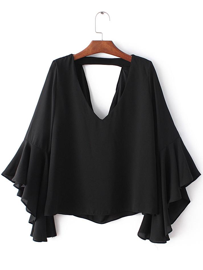 Shein Black Bell Sleeve Cut Out Back Chiffon Blouse
